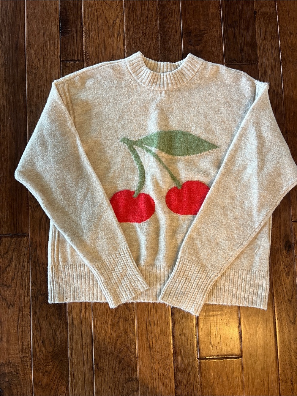 American Eagle Outfitters Cream Crewneck Sweater with Red Cherry Motif